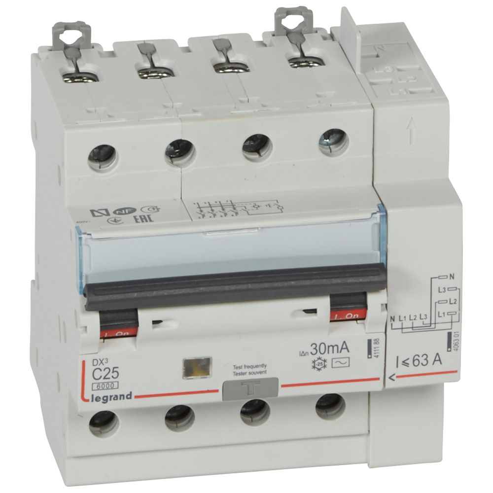 Disjoncteur différentiel monobloc DX³6000 10kA arrivée haute vis départ haut automatique 4P 400V~ - 25A - typeAC 30mA