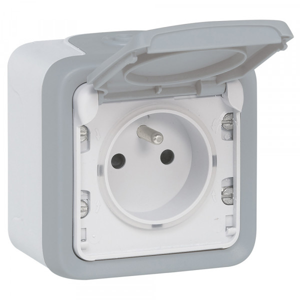 Prise Plexo étanche 2P+T avec éclipse de protection 16A  complet IP55 saillie - gris