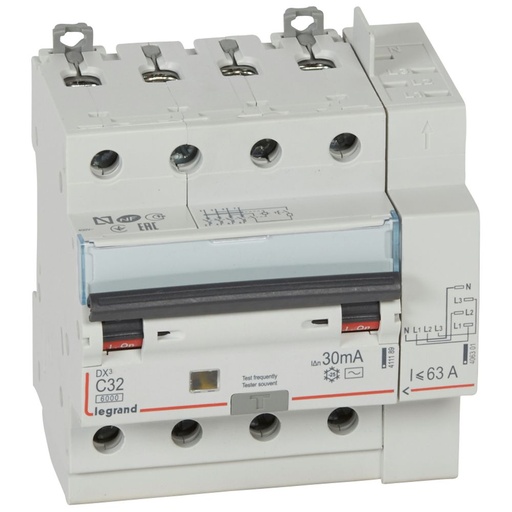 [LEG411200SGL] Disjoncteur différentiel monobloc DX³6000 10kA arrivée haute vis départ haut automatique 4P 400V~ - 32A - typeAC 30mA