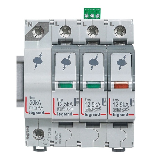 [LEG412275SGL] Parafoudre pour protection générale de tableau principal typeT1 + typeT2 Iimp 12,5kA/pôle - 3P+N - 4 modules